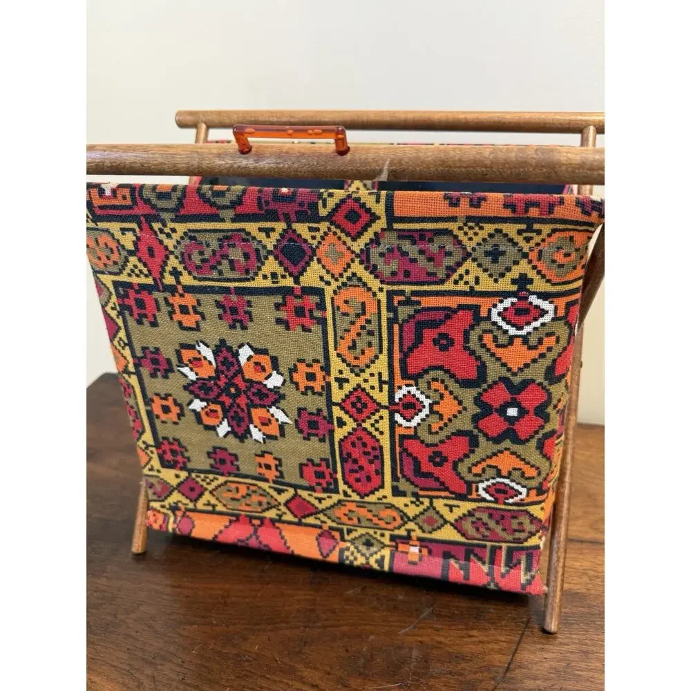 Vintage 1970s Folding Knitting Sewing Basket Wood Frame Kilim Boho 14